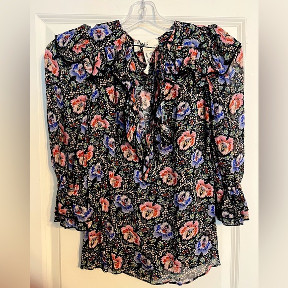 TIFNIE-Ruffled Floral V neck Blouse with 3/4 Sleeve - Picture 2 of 7